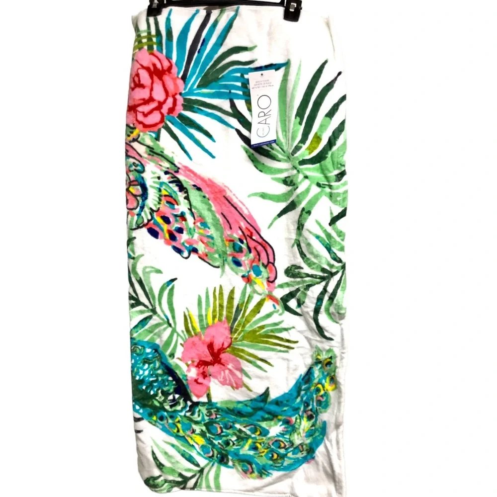 CaroHome Floral Peacock Cotton Beach Towel 40” x 70”